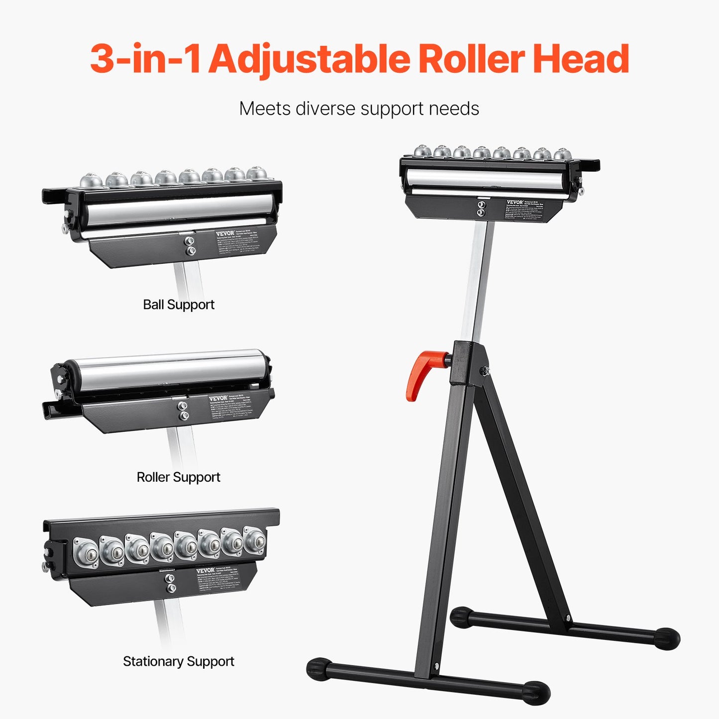 Roller Stand, 136 kg(300 lb) Load Capacity, 68-108 cm(26.8-42.5 in) Adjustable Height, Folding Heavy Duty with 29.2 cm(11.5 inch) Polished Multi-directional Roller Head, for Table Saw Outfeed Woodworking Extension Support
