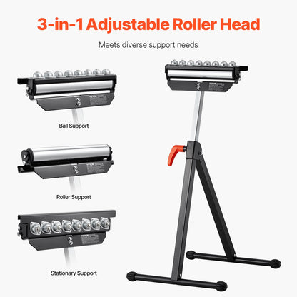 Roller Stand, 136 kg(300 lb) Load Capacity, 68-108 cm(26.8-42.5 in) Adjustable Height, Folding Heavy Duty with 29.2 cm(11.5 inch) Polished Multi-directional Roller Head, for Table Saw Outfeed Woodworking Extension Support