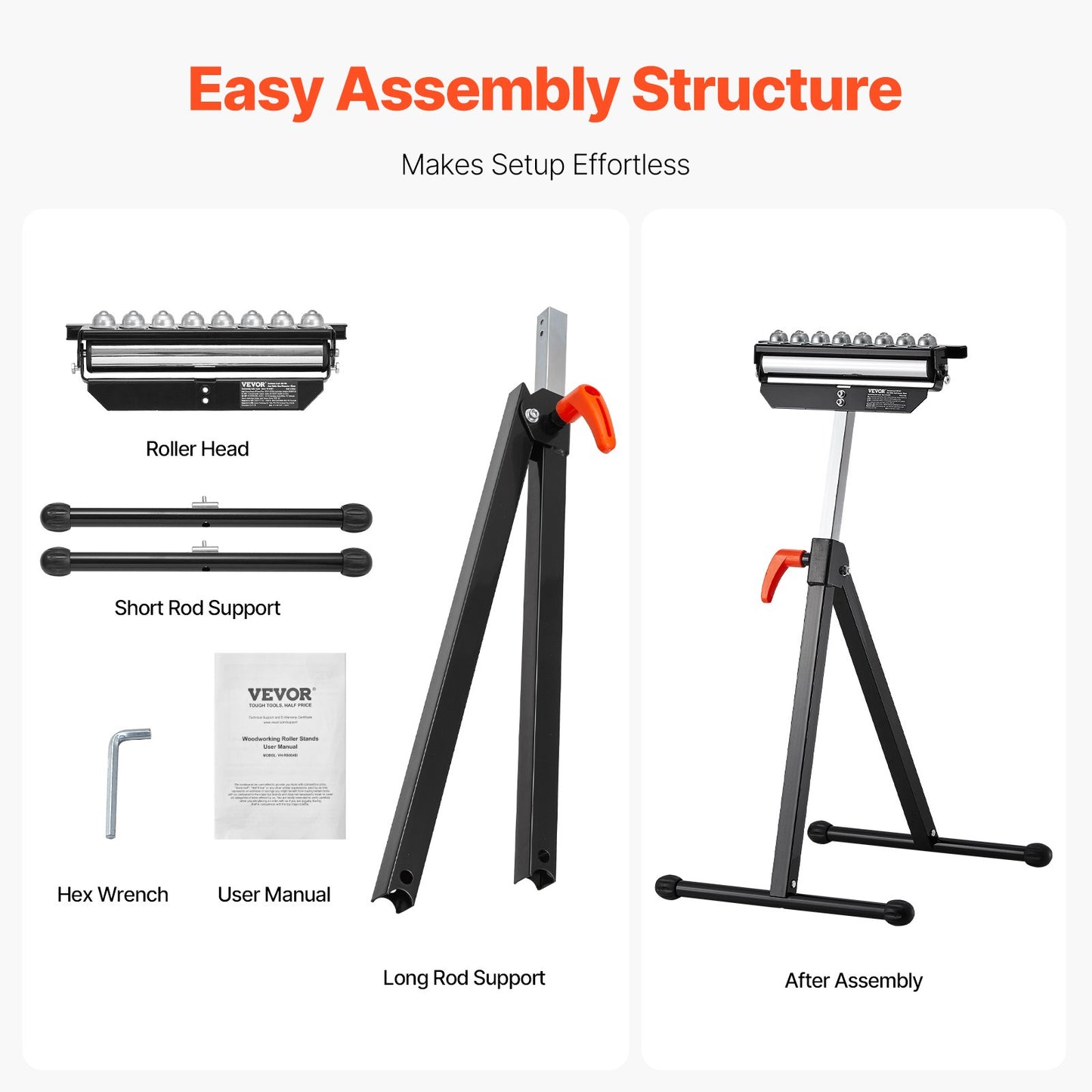 Roller Stand, 136 kg(300 lb) Load Capacity, 68-108 cm(26.8-42.5 in) Adjustable Height, Folding Heavy Duty with 29.2 cm(11.5 inch) Polished Multi-directional Roller Head, for Table Saw Outfeed Woodworking Extension Support