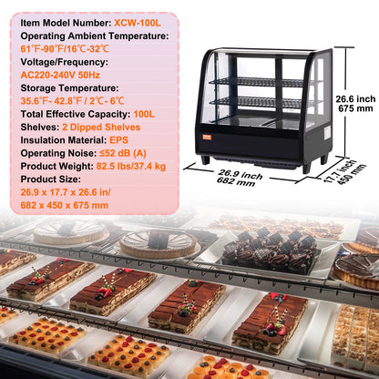 Refrigerated Display Case, 3.5 Cu.Ft/100L, Dual-Level, Countertop Cake Display Fridge with LED Illumination, Rapid Cooling System, No-Frost Ventilation, Slide-Access Back Door