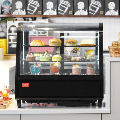 Refrigerated Display Case, 3.5 Cu.Ft/100L, Dual-Level, Countertop Cake Display Fridge with LED Illumination, Rapid Cooling System, No-Frost Ventilation, Slide-Access Back Door