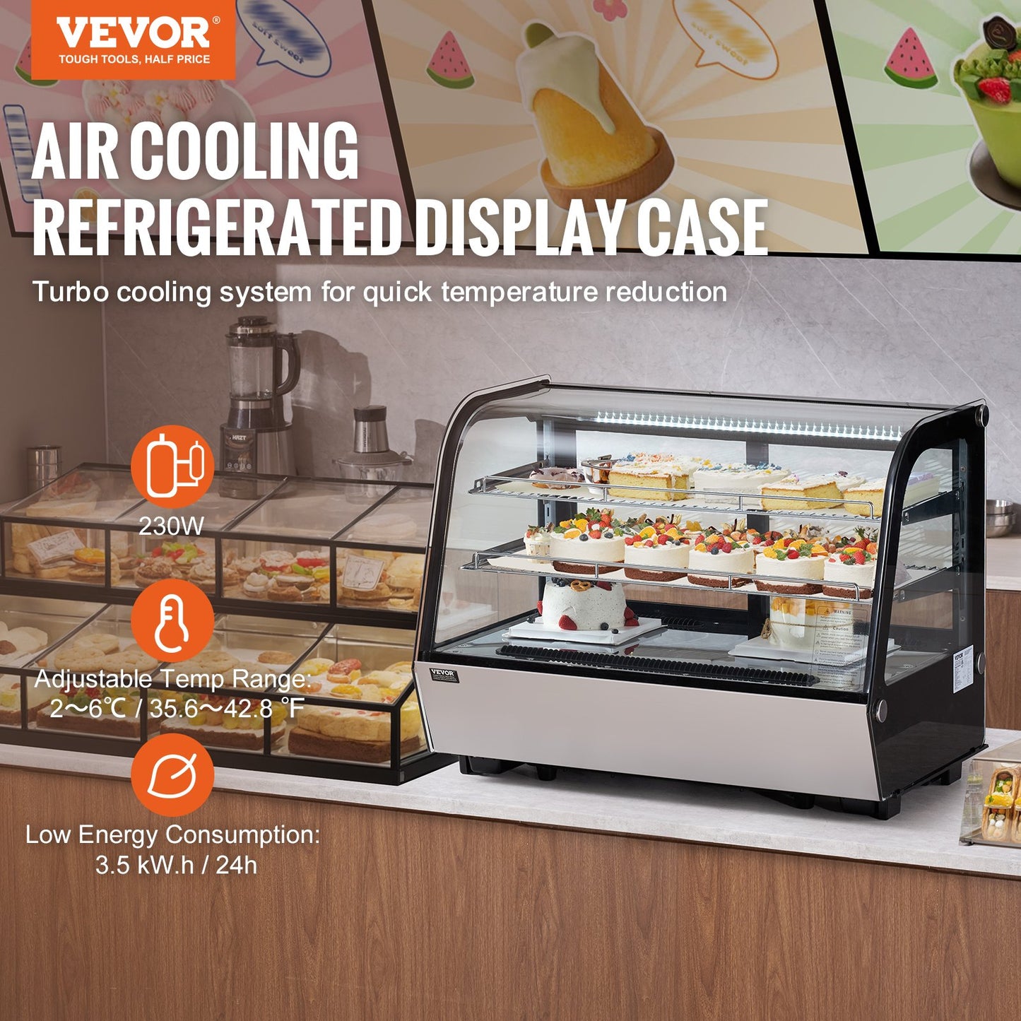 Refrigerated Display Case, 5 Cu.Ft./146L Countertop Pastry Display Case, 2-Tier Commercial Display Refrigerator with LED Lighting, TURBO Cooling, Frost-Free Air-Cooling, for Bakery