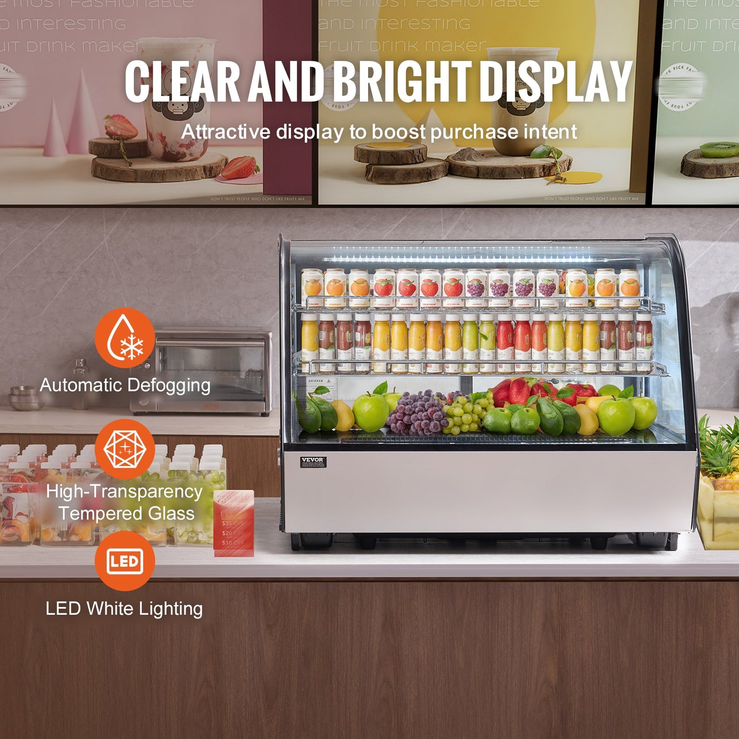 Refrigerated Display Case, 5 Cu.Ft./146L Countertop Pastry Display Case, 2-Tier Commercial Display Refrigerator with LED Lighting, TURBO Cooling, Frost-Free Air-Cooling, for Bakery