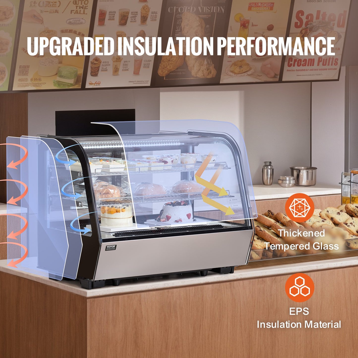Refrigerated Display Case, 5 Cu.Ft./146L Countertop Pastry Display Case, 2-Tier Commercial Display Refrigerator with LED Lighting, TURBO Cooling, Frost-Free Air-Cooling, for Bakery