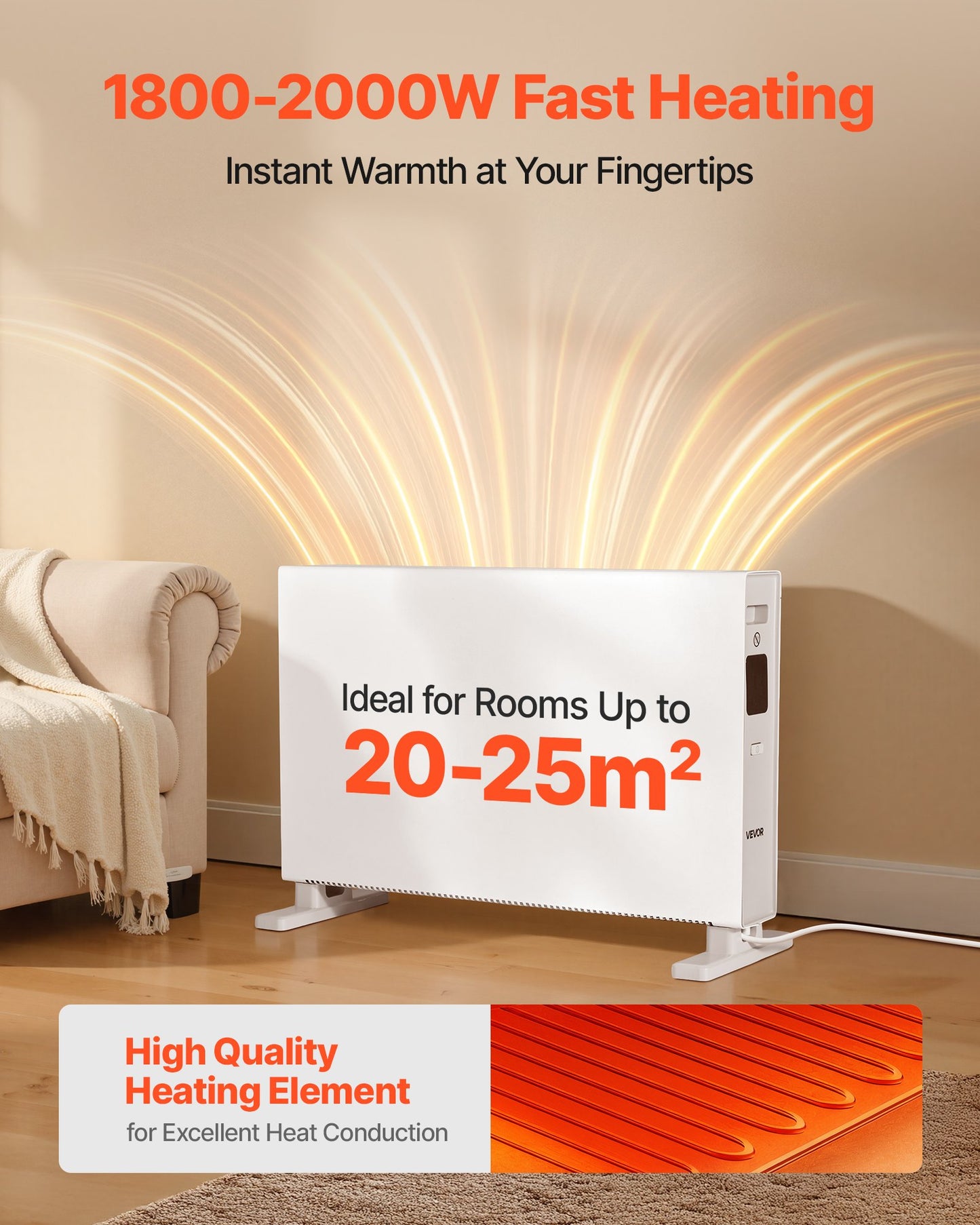 Konvektionsheizpaneel, 2000 W elektrischer Heizpaneel-Raumheizer mit Fernbedienung und Touch-Steuerung, 3 Betriebsmodi, 24-Stunden-Timer, Stand- oder Wandmontage möglich, mit Kipp- und Überhitzungsschutz für Zuhause und Büro