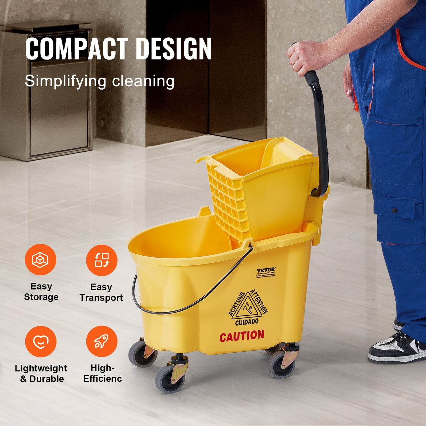 Mop Bucket with Wringer, 26 Qt. Commercial Mop Bucket with Side Press Wringer, Side-Press Mop Bucket and Wringer Combo on Wheels, for Professional/Industrial/Business Floor Cleaning, Yellow