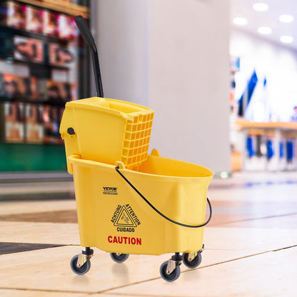 Mop Bucket with Wringer, 26 Qt. Commercial Mop Bucket with Side Press Wringer, Side-Press Mop Bucket and Wringer Combo on Wheels, for Professional/Industrial/Business Floor Cleaning, Yellow