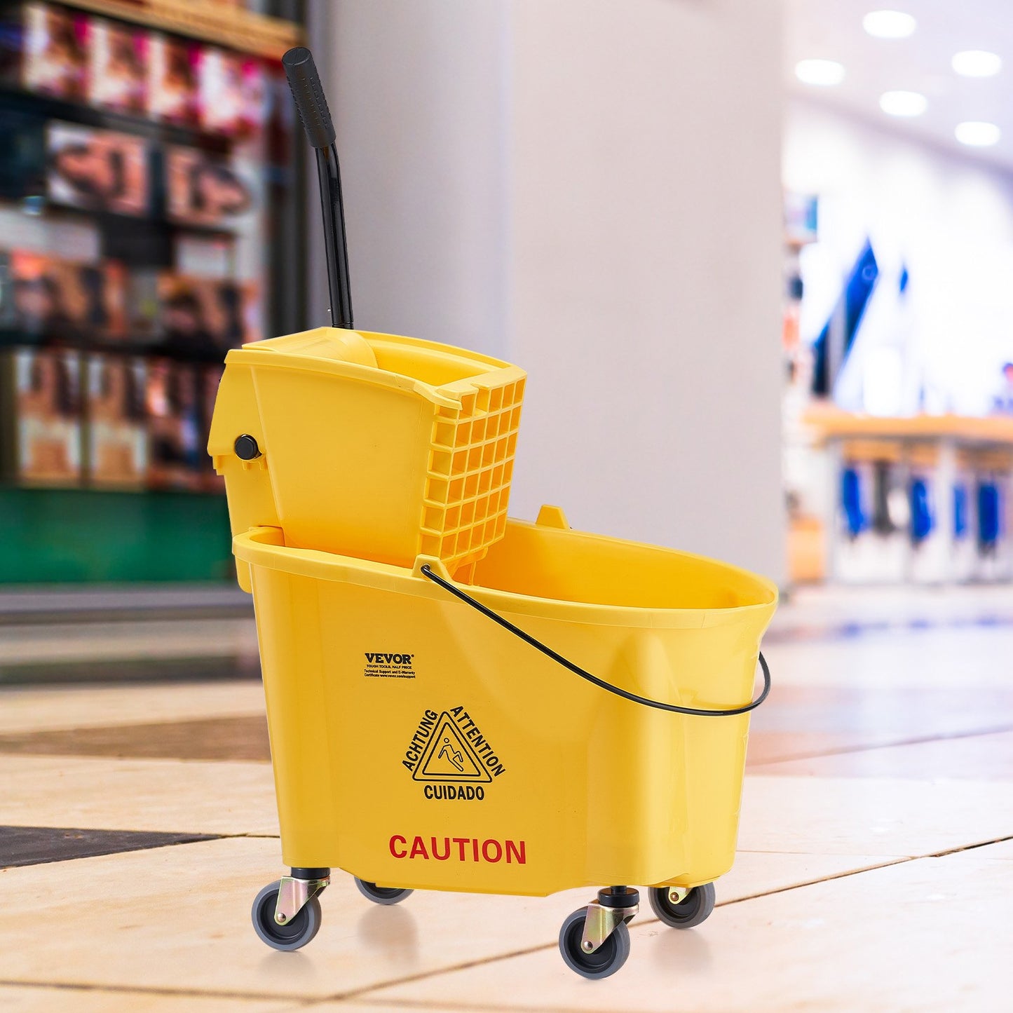 Mop Bucket with Wringer, 35 Qt. Commercial Mop Bucket with Side Press Wringer, Side-Press Mop Bucket and Wringer Combo on Wheels, for Professional/Industrial/Business Floor Cleaning, Yellow