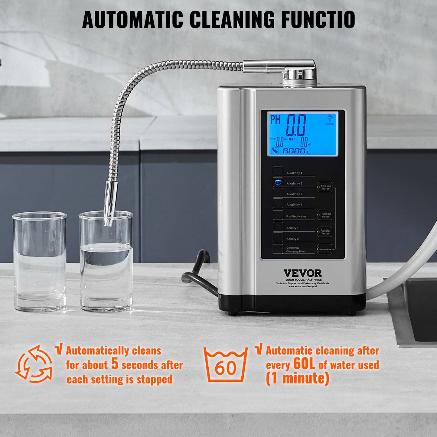 Alkaline Water Ionizer Machine, pH 3.5-10.5 Alkaline Acidic Hydrogen Water Purifier, 7 Water Settings Home Filtration System, Up to -650mV ORP, 8000L Per Filter, Auto-Cleaning, White