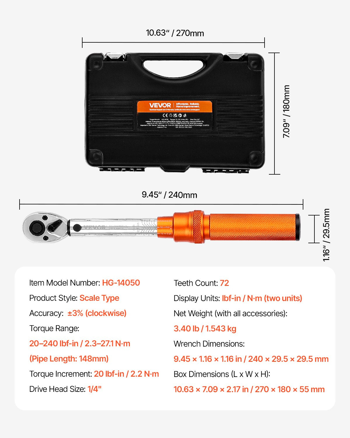 Click Torque Wrench Set, 1/4Inch Drive, 20-240 lbf-in / 2.3-27.1N.m, Dual-direction and Dual Range Scales, 72-Tooth, ±3% High Precision, with Bits, Sockets, Adapters, Extension Bar, Orange