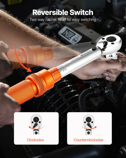Click Torque Wrench Set, 1/4Inch Drive, 20-200lbf-in/2.3-22.6N.m, Dual-direction and Dual Range Scales, 72-Tooth, ±3% High Precision, with Bit Sockets, Extension Bar, for Bicycle Repair, Orange