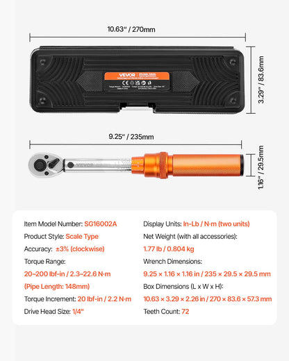 Click Torque Wrench Set, 1/4Inch Drive, 20-200lbf-in/2.3-22.6N.m, Dual-direction and Dual Range Scales, 72-Tooth, ±3% High Precision, with Bit Sockets, Extension Bar, for Bicycle Repair, Orange