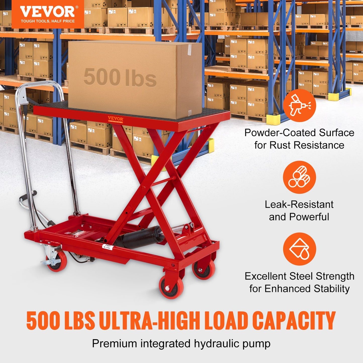 Hydraulic Lift Table Cart, 500lbs Capacity 28.5" Lifting Height, Manual Single Scissor Lift Table with 4 Wheels and Non-slip Pad, Hydraulic Scissor Cart for Material Handling, Red