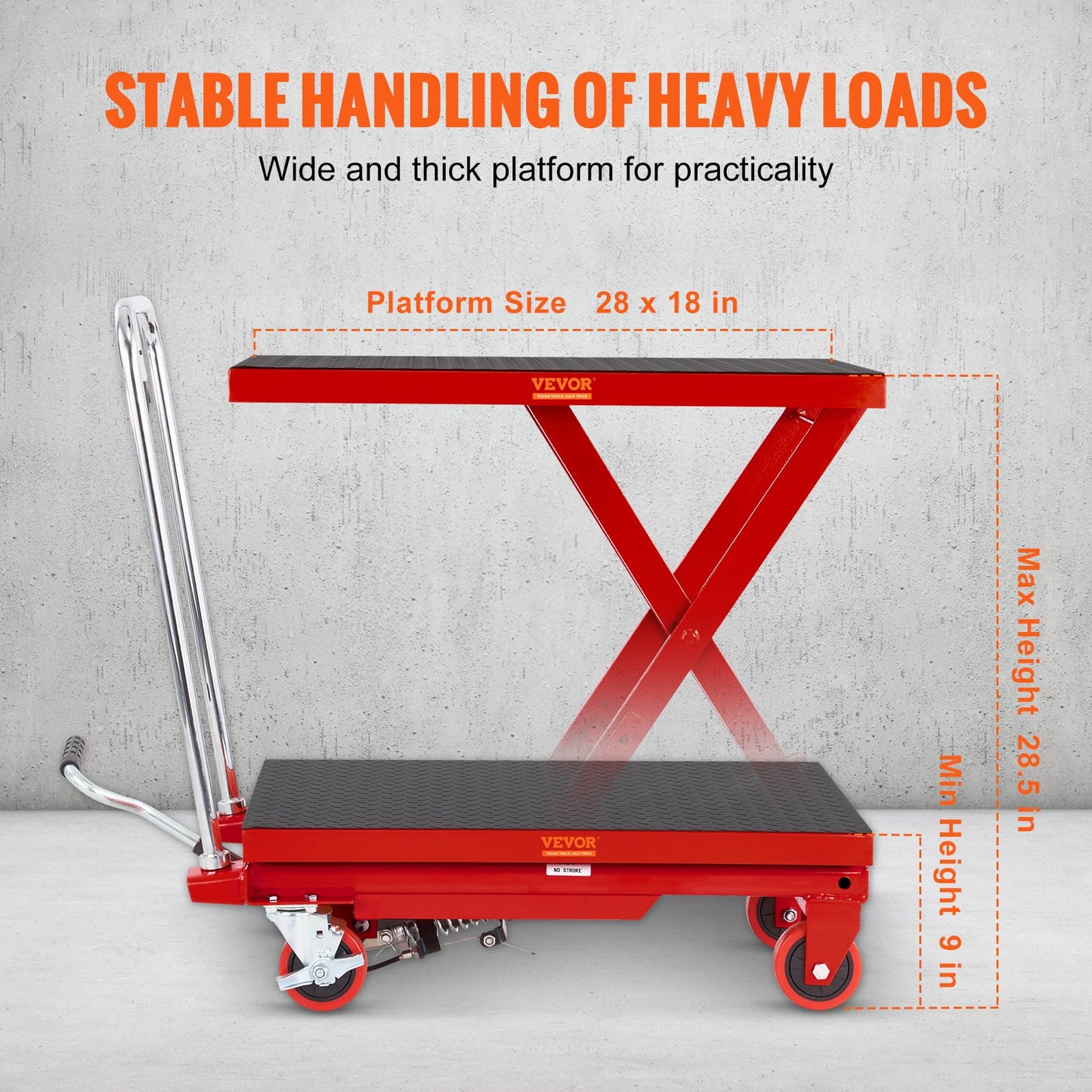 Hydraulic Lift Table Cart, 500lbs Capacity 28.5" Lifting Height, Manual Single Scissor Lift Table with 4 Wheels and Non-slip Pad, Hydraulic Scissor Cart for Material Handling, Red
