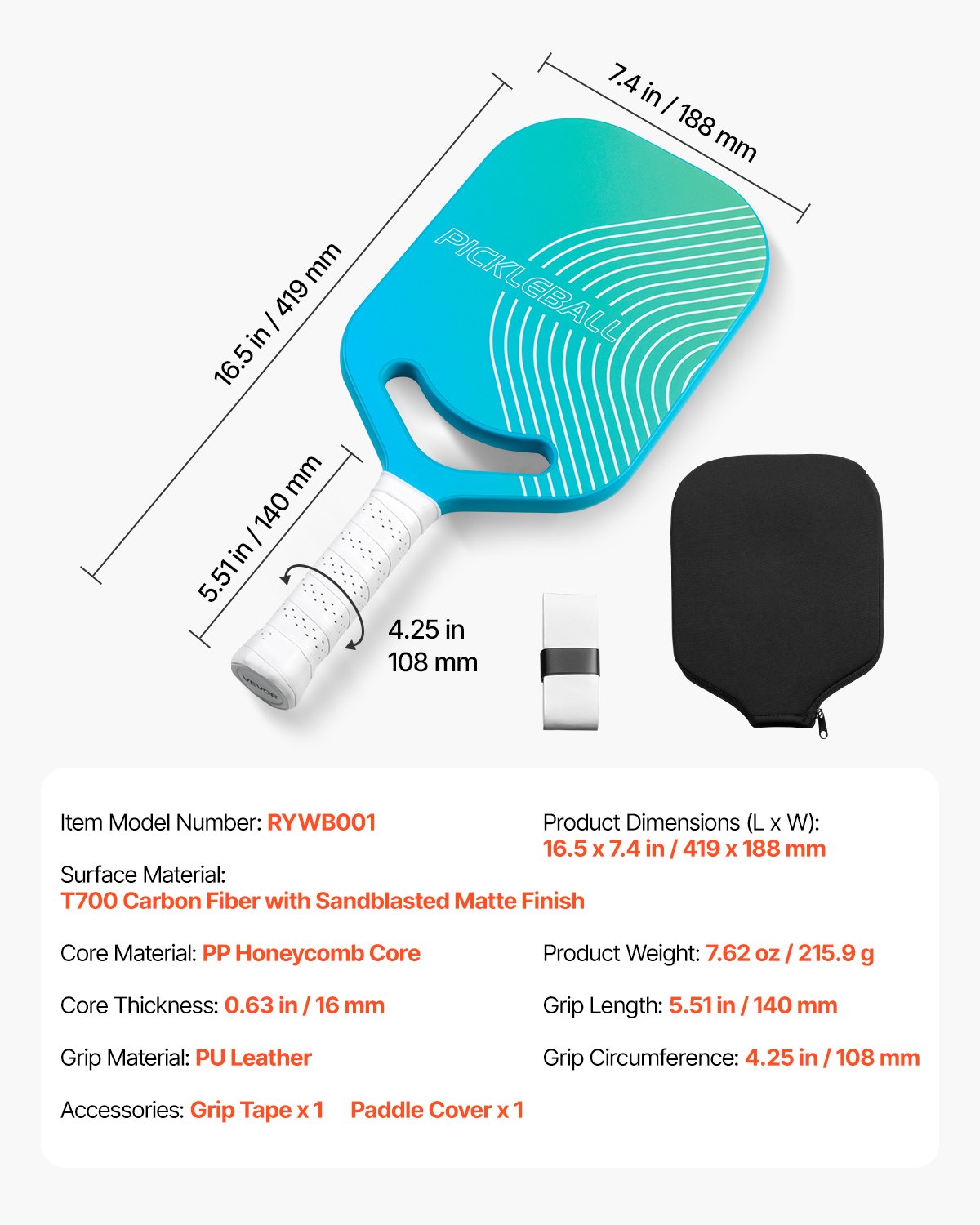 Pickleball Paddle with Aero Throat, T700 Carbon Fiber Surface & Honeycomb Core, Professional Pickleball Paddle with Increased Power & Control & Spin, Pickle Ball Racket for Adults, Men & Women