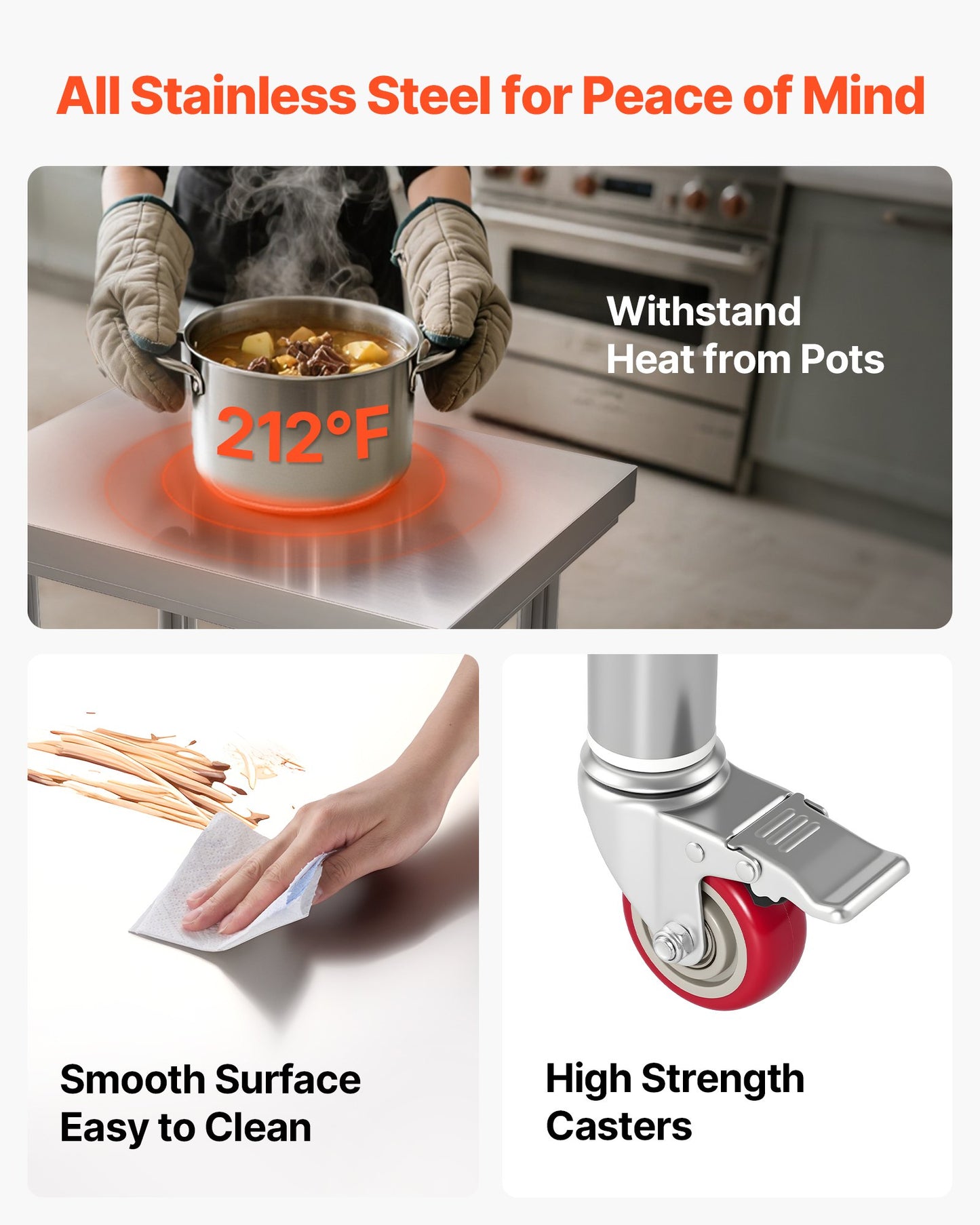 Edelstahltisch, 61 x 45 cm, Arbeitsfläche mit Rollen, Küchenarbeitstisch mit verstellbaren Ablagen für Großküchen, Restaurants, Hotels, Garagen und den Außenbereich