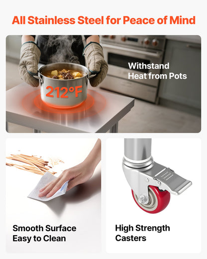 Edelstahltisch, 61 x 45 cm, Arbeitsfläche mit Rollen, Küchenarbeitstisch mit verstellbaren Ablagen für Großküchen, Restaurants, Hotels, Garagen und den Außenbereich