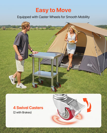 Edelstahltisch, 61 x 45 cm, Arbeitsfläche mit Rollen, Küchenarbeitstisch mit verstellbaren Ablagen für Großküchen, Restaurants, Hotels, Garagen und den Außenbereich