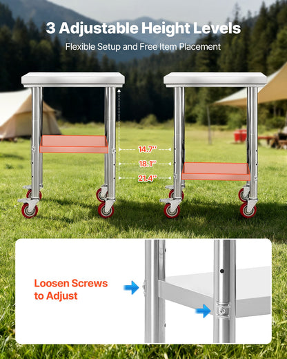 Edelstahltisch, 61 x 45 cm, Arbeitsfläche mit Rollen, Küchenarbeitstisch mit verstellbaren Ablagen für Großküchen, Restaurants, Hotels, Garagen und den Außenbereich