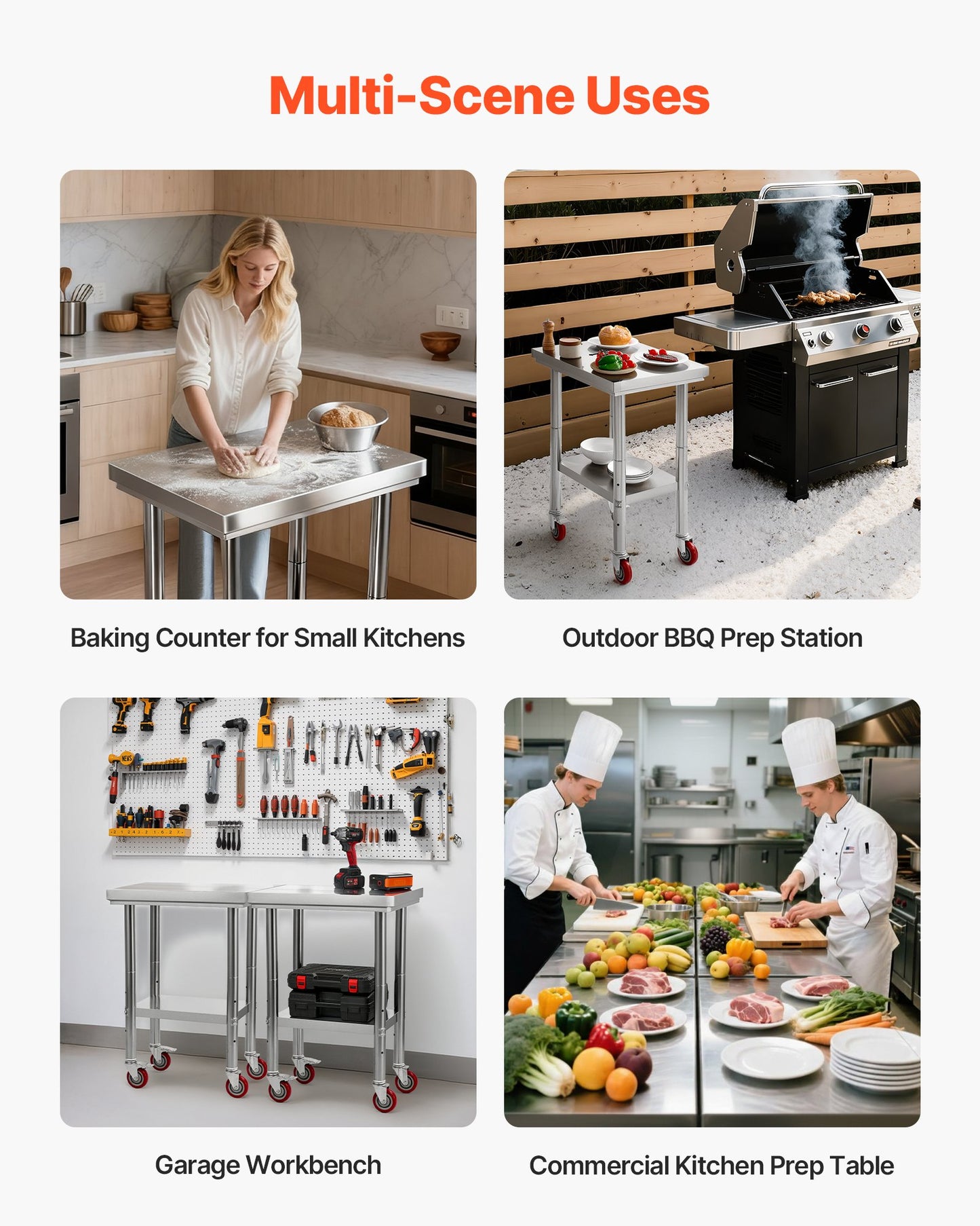 Edelstahltisch, 61 x 45 cm, Arbeitsfläche mit Rollen, Küchenarbeitstisch mit verstellbaren Ablagen für Großküchen, Restaurants, Hotels, Garagen und den Außenbereich