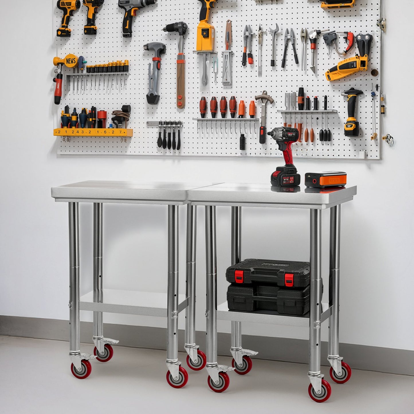 Edelstahltisch, 61 x 45 cm, Arbeitsfläche mit Rollen, Küchenarbeitstisch mit verstellbaren Ablagen für Großküchen, Restaurants, Hotels, Garagen und den Außenbereich