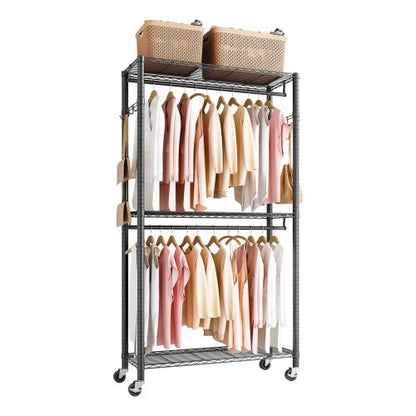 Rolling Clothes Rack, Heavy Duty Clothing Garment Rack, 3 Adjustable Tiers Clothing Racks with Carbon Steel, 204 kg Load Capacity Closet Wardrobe for Bedroom, Clothing Store, Hallway
