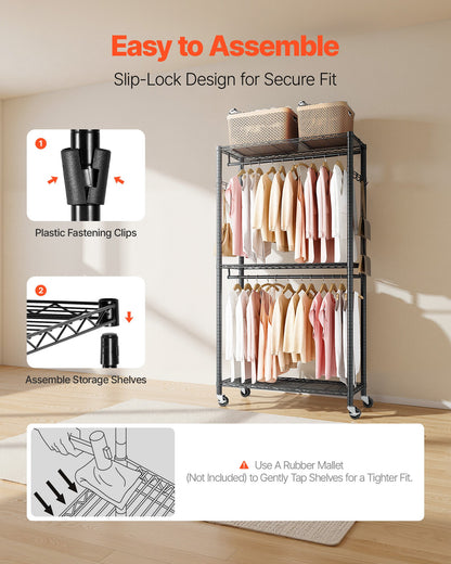 Rolling Clothes Rack, Heavy Duty Clothing Garment Rack, 3 Adjustable Tiers Clothing Racks with Carbon Steel, 204 kg Load Capacity Closet Wardrobe for Bedroom, Clothing Store, Hallway