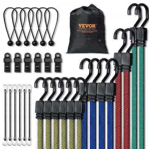 32 Piece Flat Bungee Cord Set, 17 mm Heavy Duty Bungee Straps with A3 Steel J-Hooks, Includes 10", 18", 24", 32", 40", Bungee Rope with Portable Storage Bag, 6 Clips & Canopy Ties