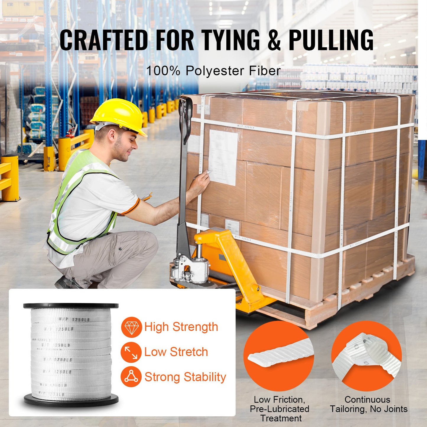 Polyester Pull Tape, 1/2" x 528' Mule Tape Flat Rope, 1250 lbf Tensile Capacity, Printed Webbing Cable Pulling Tape for Packaging, Gardening, Commercial Electrical, Conduit Work, White