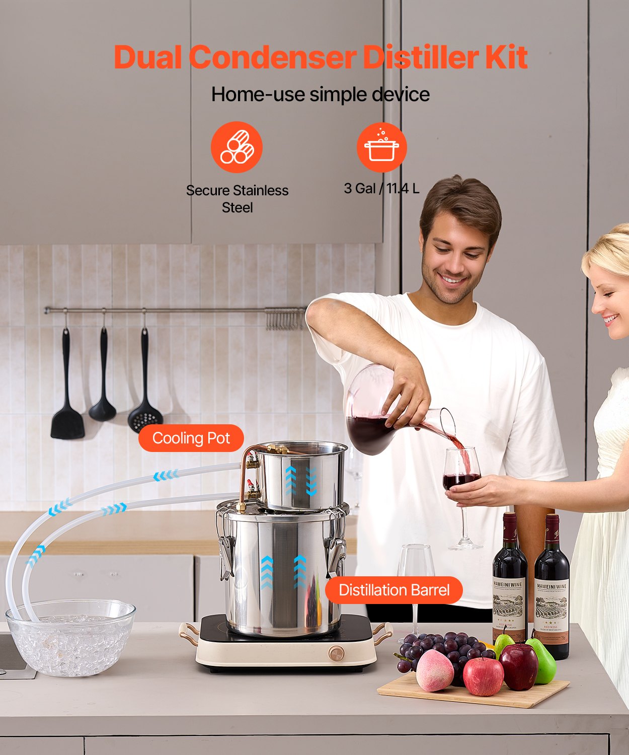 Alcohol Still, 3 Gal / 11.4 L Stainless Steel Water Alcohol Distiller with Copper Coil, Home Brewing Refining Fermentation Kit with Thermometer, for Wine Whisky Brandy, Silver