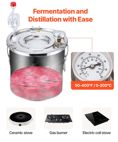 Alcohol Still, 3 Gal / 11.4 L Stainless Steel Water Alcohol Distiller with Copper Coil, Home Brewing Refining Fermentation Kit with Thermometer, for Wine Whisky Brandy, Silver