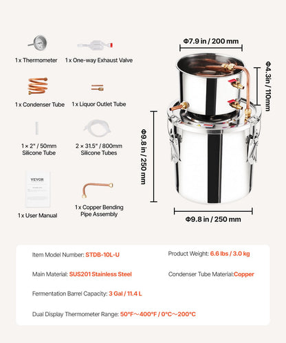 Alcohol Still, 3 Gal / 11.4 L Stainless Steel Water Alcohol Distiller with Copper Coil, Home Brewing Refining Fermentation Kit with Thermometer, for Wine Whisky Brandy, Silver
