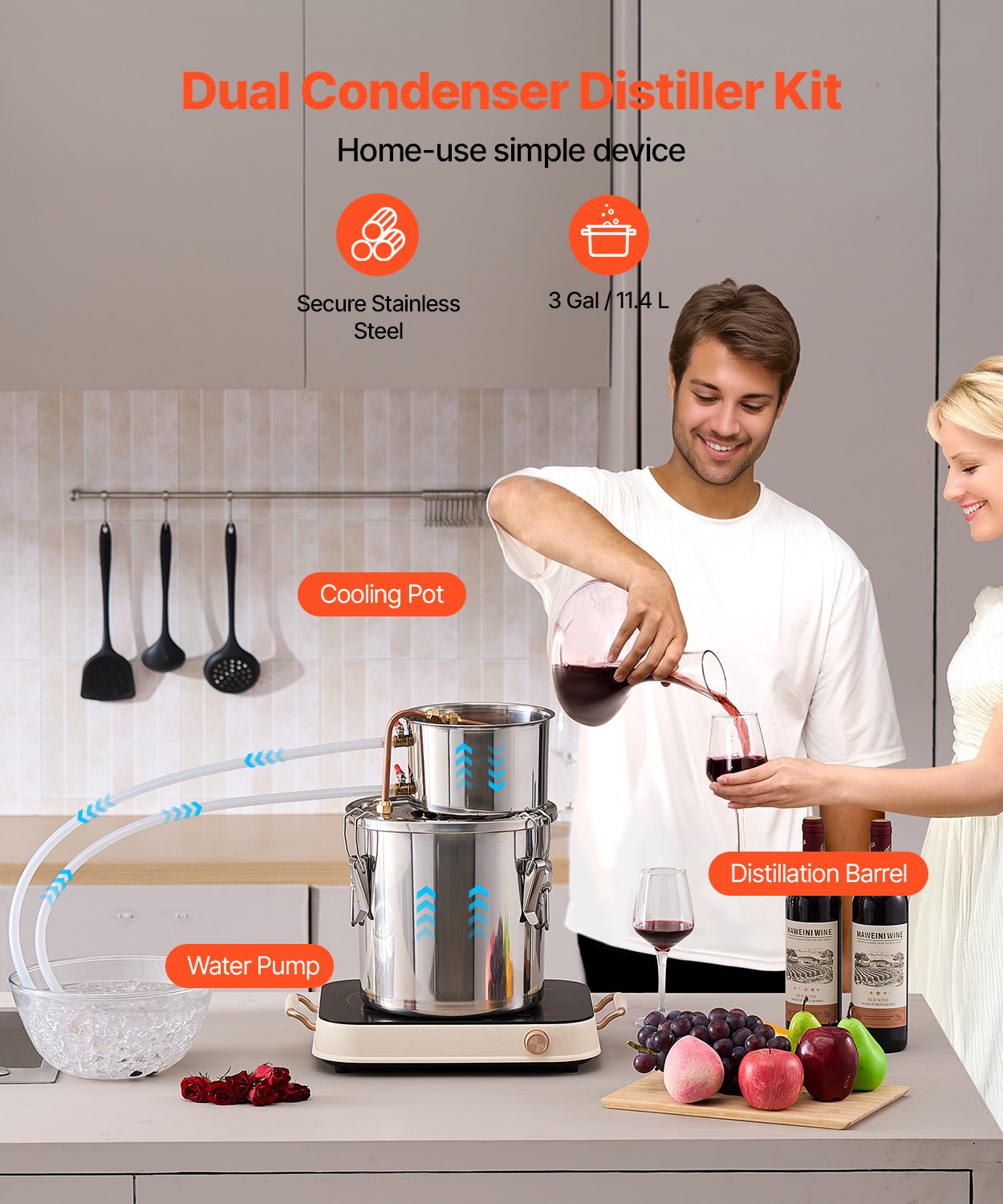 Alcohol Still, 3 Gal / 11.4 L Stainless Steel Water Alcohol Distiller with Copper Coil, Home Brewing Refining Fermentation Kit with Thermometer & Pump, for Wine Whisky Brandy, Silver