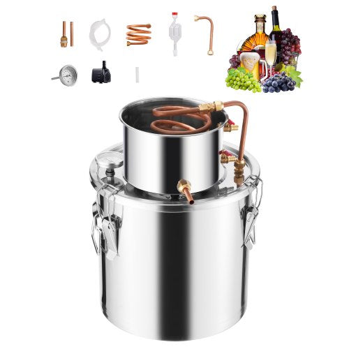 Alcohol Still, 5 Gal / 19 L Stainless Steel Water Alcohol Distiller with Copper Coil, Home Brewing Refining Fermentation Kit with Thermometer & Pump, for Wine Whisky Brandy, Silver