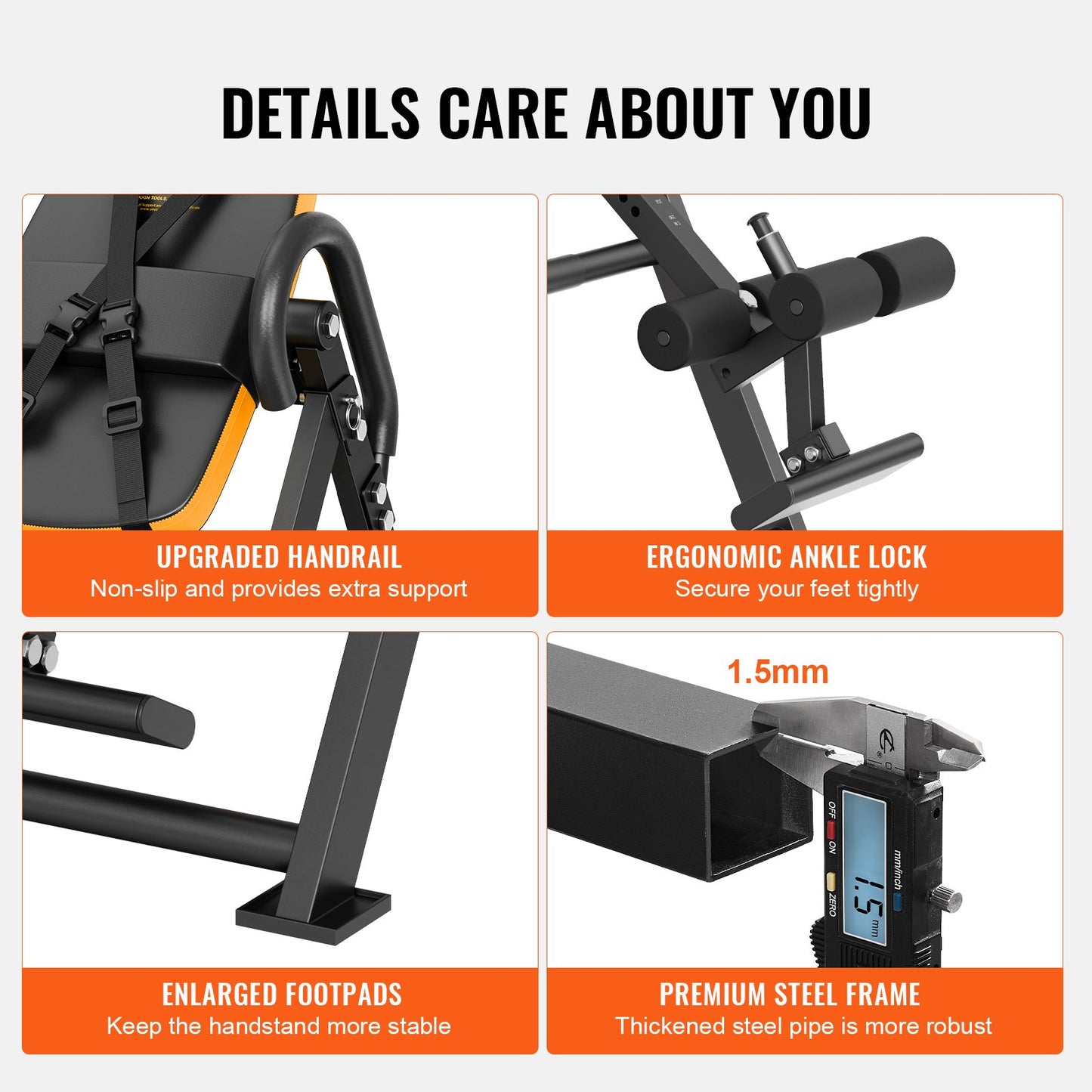 Inversion Table, 300lbs Capacity Heavy Duty Inversion Table, Decompression Back Stretcher Machine, Strength Training Equipment with Headrest, Ankle Lock, Adjustable Protective Belt, Orange/Black