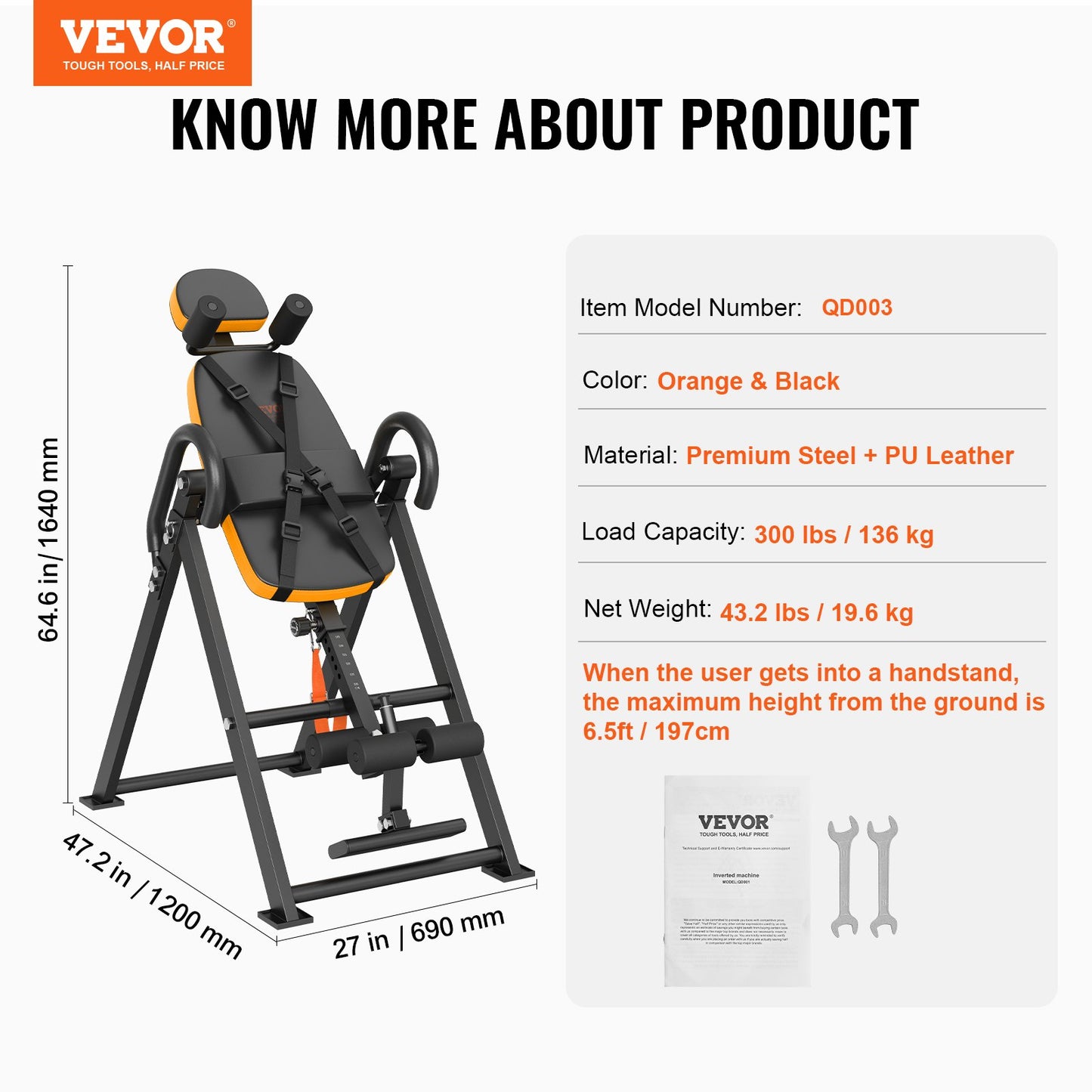 Inversion Table, 300lbs Capacity Heavy Duty Inversion Table, Decompression Back Stretcher Machine, Strength Training Equipment with Headrest, Ankle Lock, Adjustable Protective Belt, Orange/Black