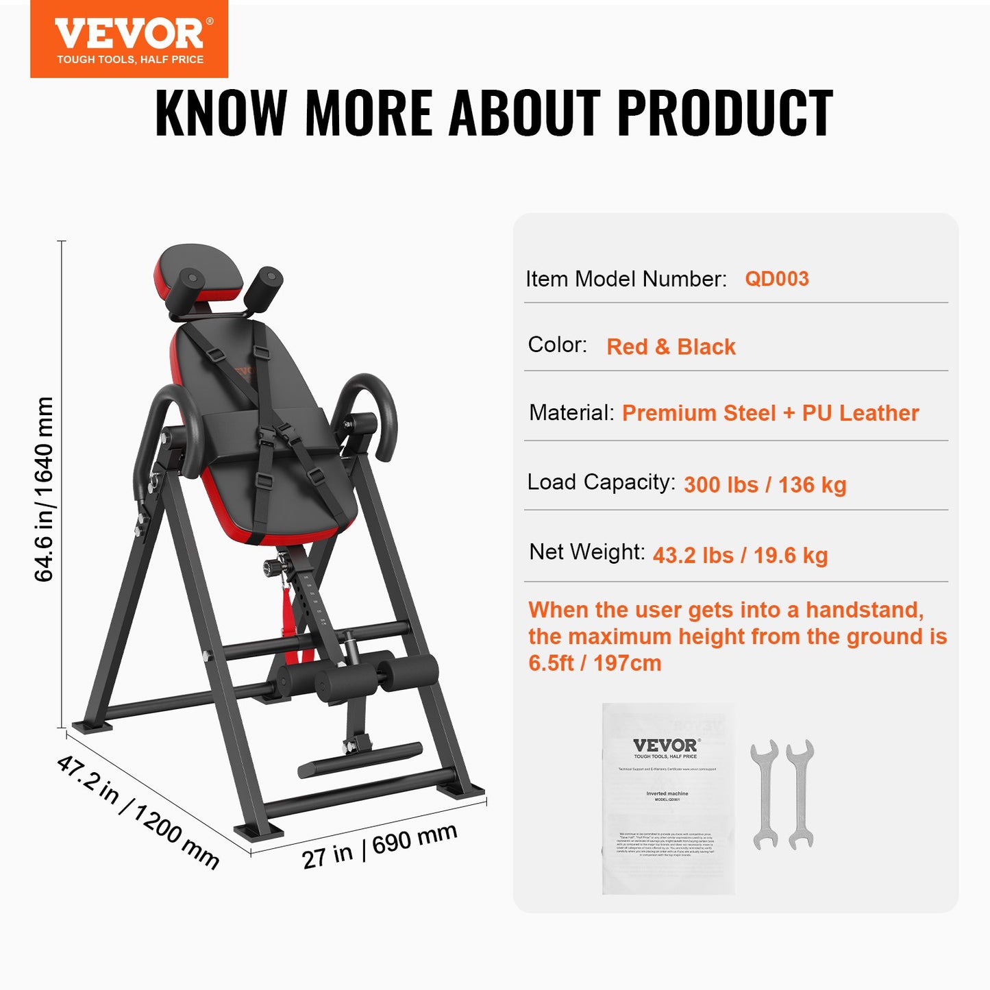 Inversion Table, 300 lbs Capacity Heavy Duty Inversion Table, Decompression Back Stretcher Machine, Strength Training Equipment with Headrest, Ankle Lock, Adjustable Protective Belt, Red/Black