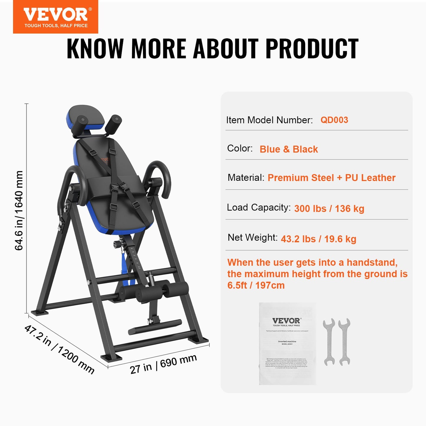 Inversion Table, 300 lbs Capacity Heavy Duty Inversion Table, Decompression Back Stretcher Machine, Strength Training Equipment with Headrest, Ankle Lock, Adjustable Protective Belt, Blue/Black