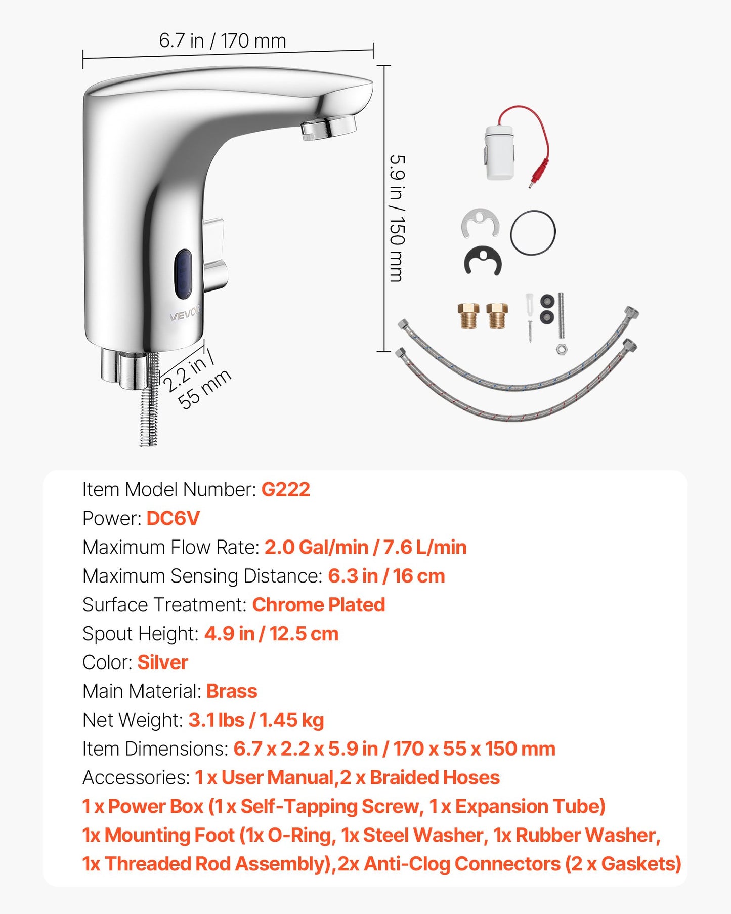 Touchless Bathroom Sink Faucet, Automatic Motion Sensor Restroom Toilet Faucet, Hands-Free Adjustable Cold Hot Single Handle Water Mixer Battery Operated for 9.5 mm Pipe,Chrome Plated Silver