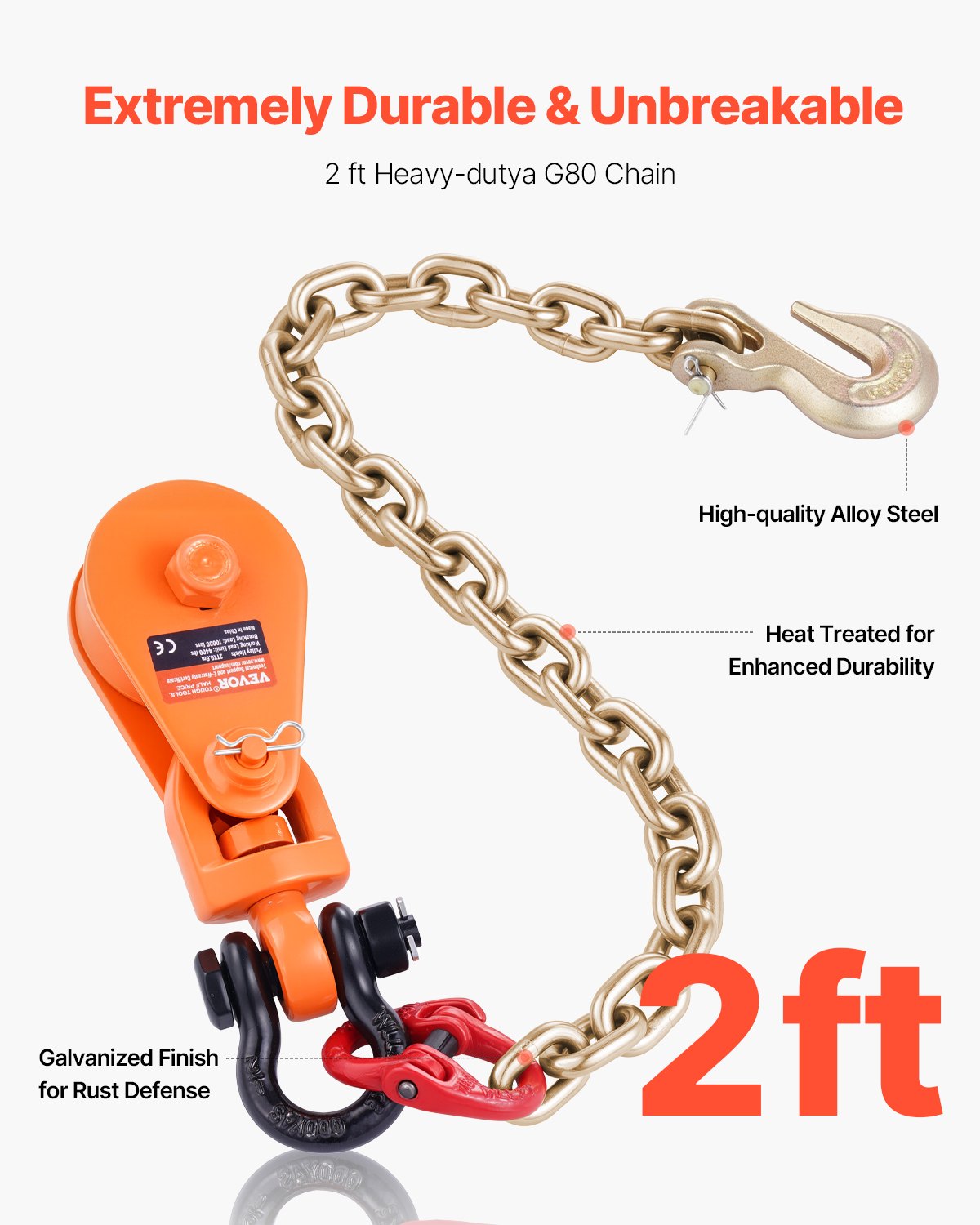 2 Ton Snatch Block with G80 Chain, Swivel Shackle, 3" Sheave for 3/8" Wire Rope, Snatch Block Pulley for Towing and Recovery Applications on Flatbed Tow Truck Rollback Wrecker Car Carrier Cable