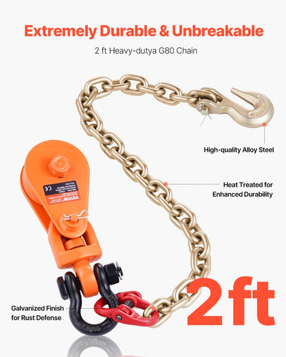 2 Ton Snatch Block with G80 Chain, Swivel Shackle, 3" Sheave for 3/8" Wire Rope, Snatch Block Pulley for Towing and Recovery Applications on Flatbed Tow Truck Rollback Wrecker Car Carrier Cable