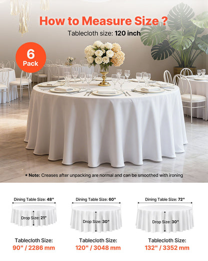 White Round Tablecloths 6 Pack, 120 Inches in Diameter, Stain- & Wrinkle- Resistant, Machine Washable Table Clothes, Polyester Fabric Table Covers for Wedding, Party, Banquet, Formal Events