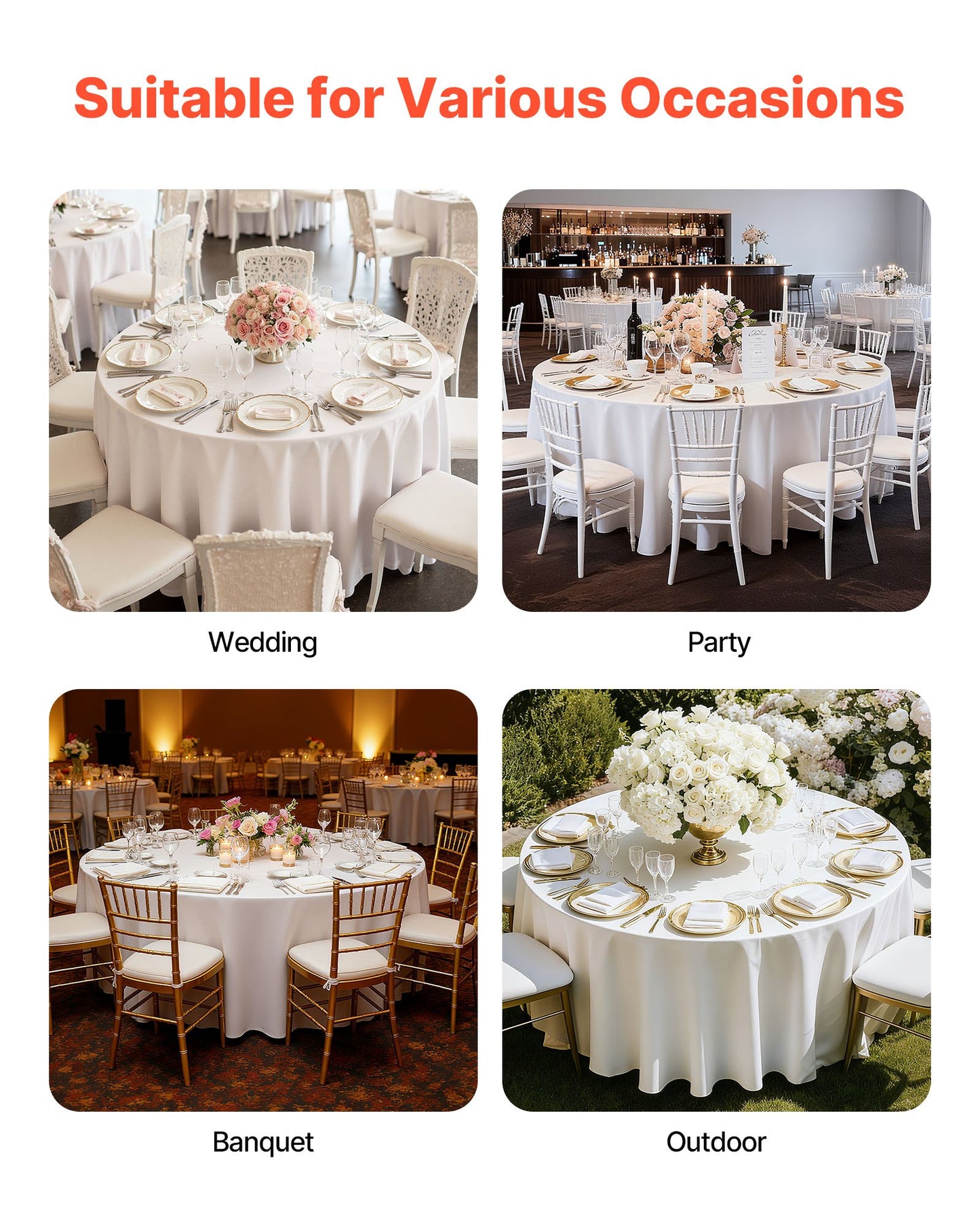 White Round Tablecloths 6 Pack, 120 Inches in Diameter, Stain- & Wrinkle- Resistant, Machine Washable Table Clothes, Polyester Fabric Table Covers for Wedding, Party, Banquet, Formal Events