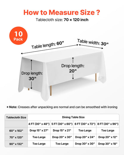 White Tablecloths for Rectangle Tables, 10 Pack, 70 x 120 Inches, Reusable and Machine Washable Table Clothes, Wrinkle-Resistant Polyester Fabric Table Covers for Wedding, Party, Banquet