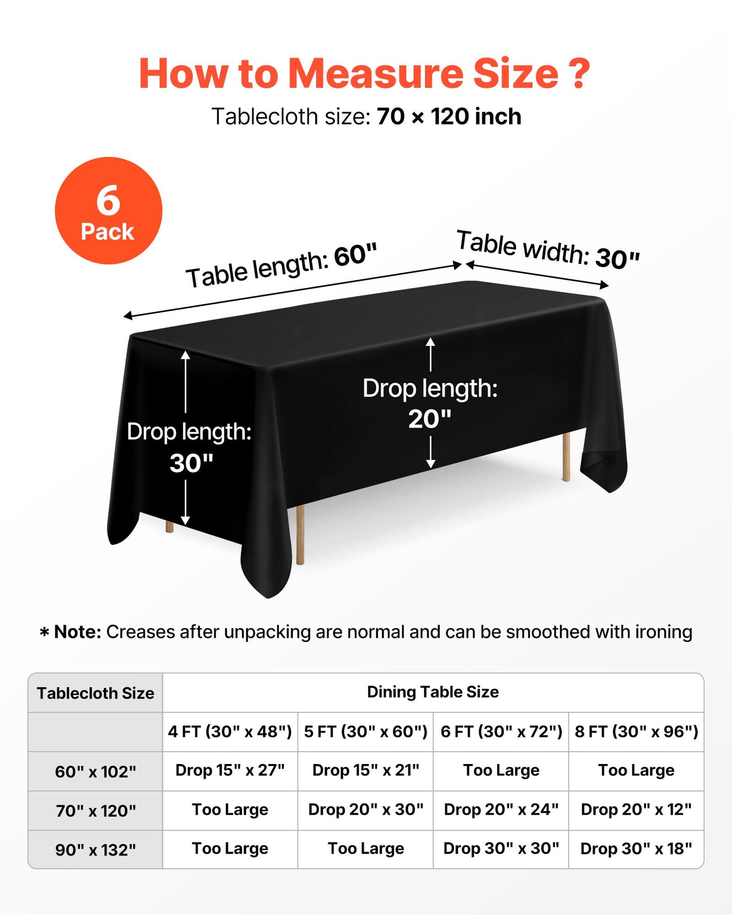 Black Tablecloths for Rectangle Tables, 6 Pack, 70 x 120 Inches, Reusable and Machine Washable Table Clothes, Wrinkle-Resistant Polyester Fabric Table Covers for Wedding, Party, Banquet
