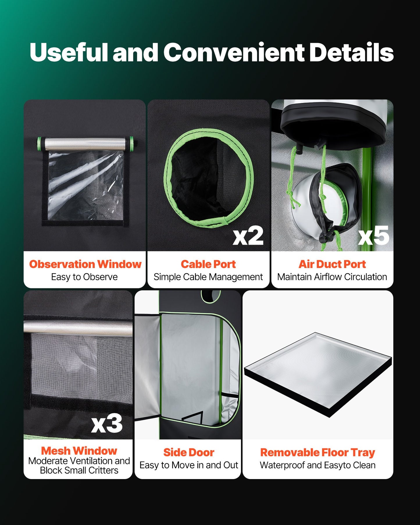 Indoor Grow Tent, 120 x 120 x 200 cm, 600D High Reflective Mylar, Indoor Plant Tent with Observation Window, Floor Tray & Zipper, Heavy Duty Growing Tents for Fruit Flower Veggie