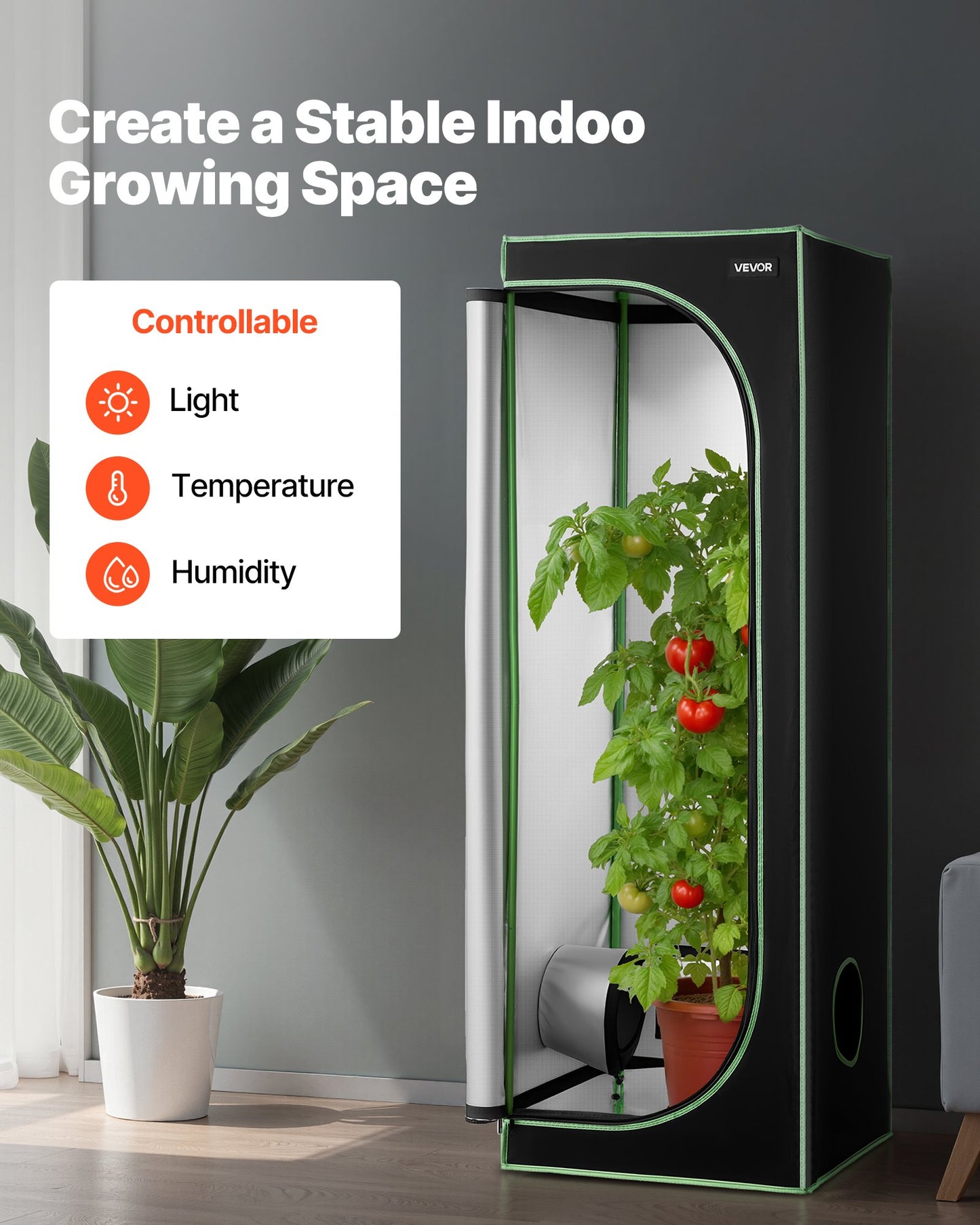 Indoor Grow Tent, 60 x 60 x 180 cm, 600D High Reflective Mylar, Indoor Plant Tent with Observation Window, Floor Tray & Zipper, Heavy Duty Growing Tents for Fruit Flower Veggie