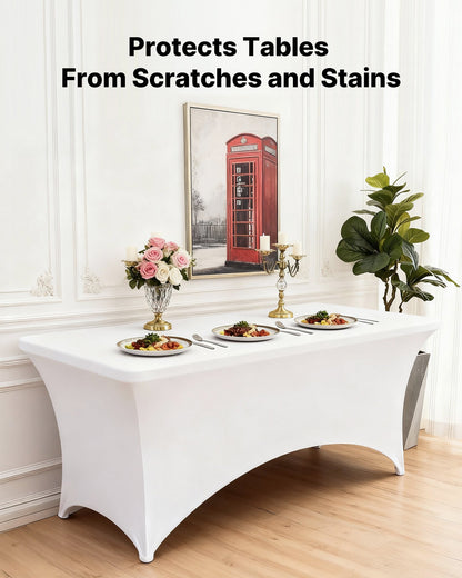 6er-Pack Tischdecken für 2,4 m lange rechteckige Tische, knitterfrei, dehnbar, weiß, waschbarer Spandex-Tischdeckenschutz, für Partys, Hochzeiten, Cocktails, Bankette und Festivals