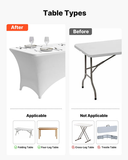 6er-Pack Tischdecken für 2,4 m lange rechteckige Tische, knitterfrei, dehnbar, weiß, waschbarer Spandex-Tischdeckenschutz, für Partys, Hochzeiten, Cocktails, Bankette und Festivals