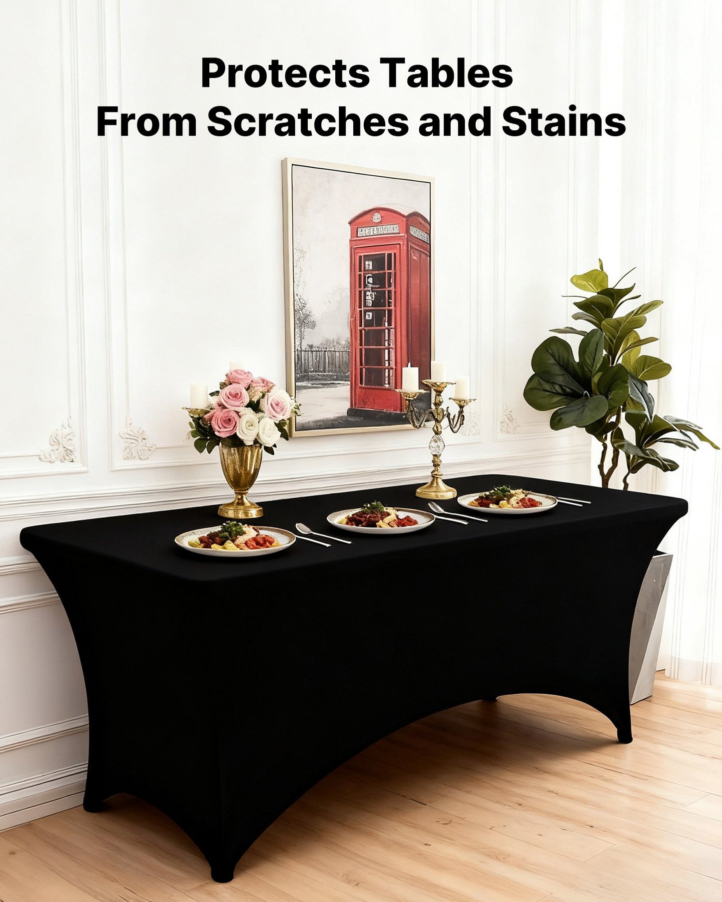 6 Pack Table Cloth for 8FT Rectangular Fitted Events, Wrinkle-Resistant Stretch Black Table Covers, Washable Spandex Tablecloth Protector, for Party, Wedding, Cocktail, Banquet, Festival